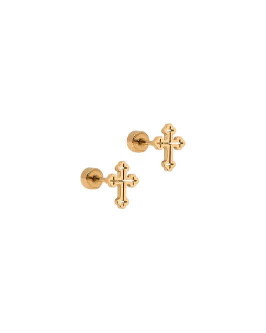 LIINNY4410 Screwback Stud Earrings - Latin Cross Gold Flatback 0
