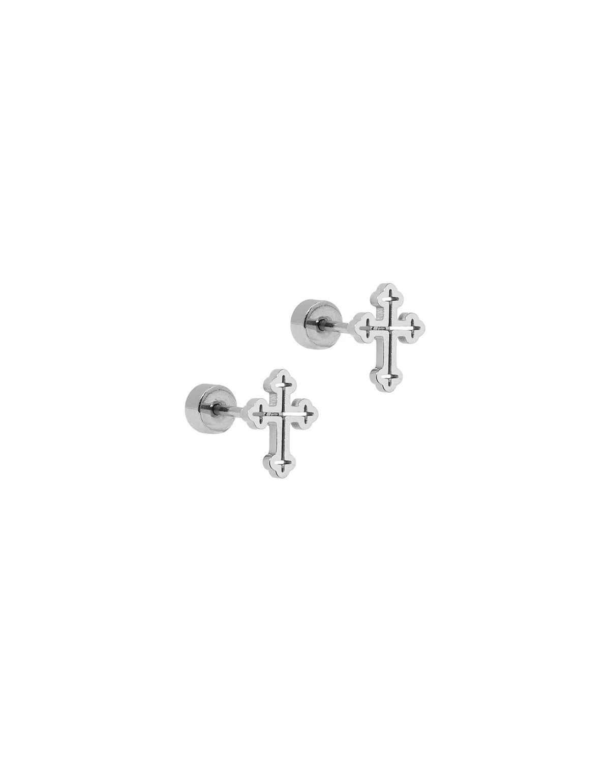 LINNY4411 Screwback Stud Earrings - Latin Cross Silver Flatback 0