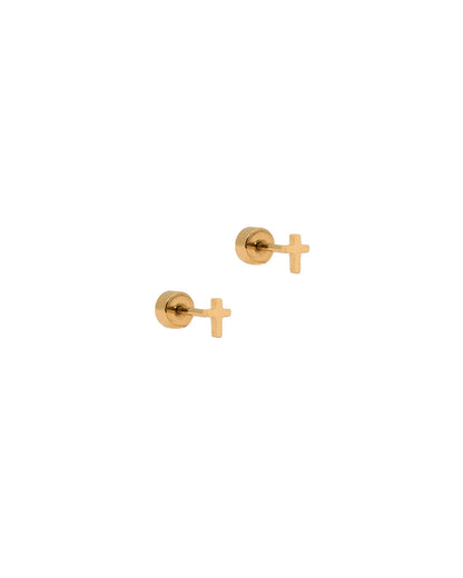 LINNY4397 Screwback Stud Earrings - Micro Cross Gold Flatback 0