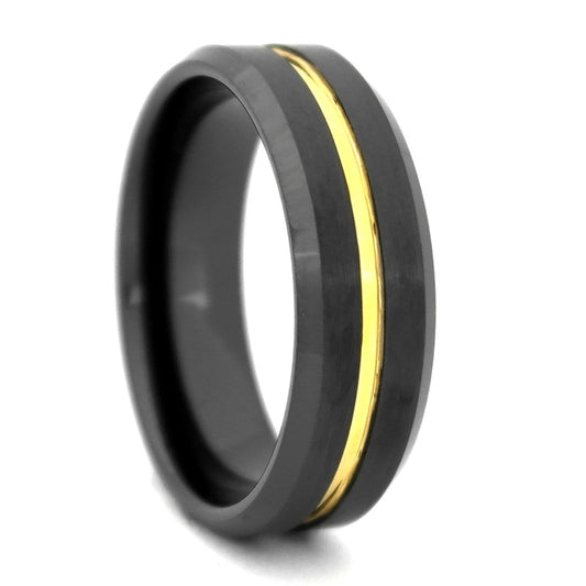 Men's Comfort Fit Black High-Tech Ceramic Wedding Band With Gold Center - 8MM