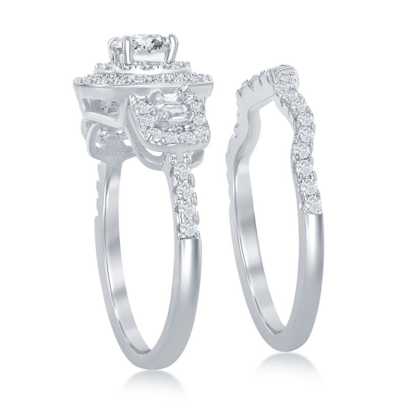 Sterling Silver Round Double Halo Baguette CZ Engagement Set