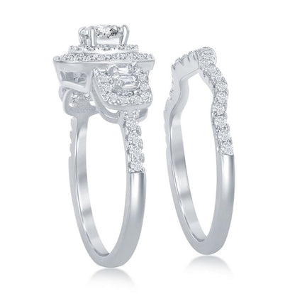 Sterling Silver Round Double Halo Baguette CZ Engagement Set