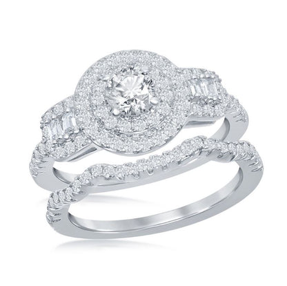 Sterling Silver Round Double Halo Baguette CZ Engagement Set
