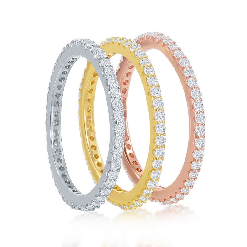 Sterling Silver Tri-Color CZ Eternity Bands