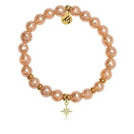 14K Gold Plated Sterling Silver Champagne Agate Beaded Stone Bracelet With Your Year Gold Charm