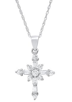 Sterling Silver Round/Baguette Cross Cubic Zirconia Necklace