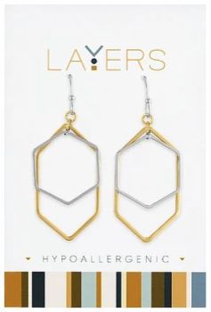 Layers Silver Two-Toned Hexagon Dangle Earrings