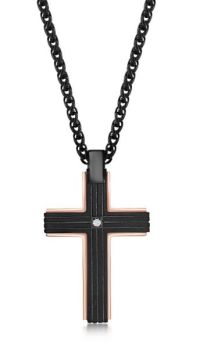 Stainless Steel Black With Rose Gold Border Single Cubic Zirconia Cross Necklace