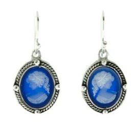 Sterling Silver Blue Agate Cameo Earrings