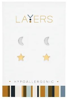 Layers Silver Moon & Gold Star Duo Pair Stud Earrings