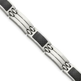 Stainless Steel Brushed & Polished Link Bracelet With Black Carbon Fiber Inlay - 8.5"