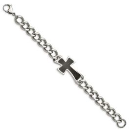 Stainless Steel Polished With Black Carbon Fiber Inlay Cross Bracelet - 8.5"
