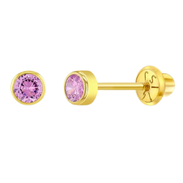 14K Yellow Gold Tiny Cubic Zirconia Birthstone Toddler Earrings - October