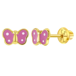 14K Yellow Gold Polka Dot Butterfly Girls Earrings