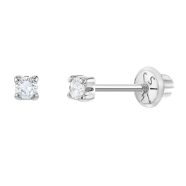 14K White Gold Square Set Cubic Zirconia Solitaire Girls Earrings