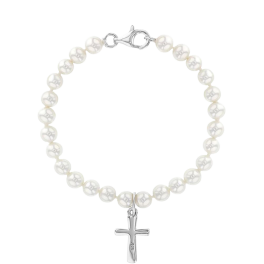 Sterling Silver White Pearls & Cross Toddler Bracelet - 5"