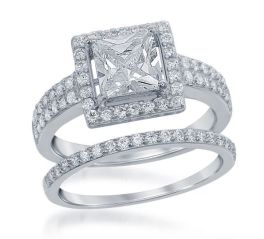 Sterling Silver Square Shaped Cubic Zirconia Engagement Ring Set