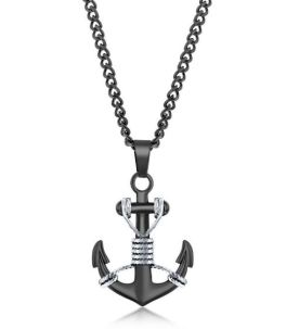 Stainless Steel Black & Silver Anchor Necklace - 24"