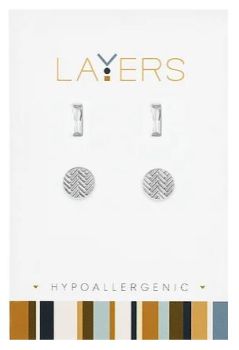 Layers Silver Rectangular Cubic Zirconia & Trax Circle Duo Pair Stud Earrings