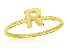 Sterling Silver Gold Plated Initial "R" Hammered Band Ring