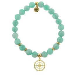 14K Gold Filled Sterling Silver Peruvian Amazonite Beaded Stone Bracelet With Compass Rose Gold Charm
