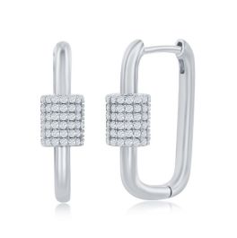 Sterling Silver Micro Pave Cubic Zirconia Oval Linked Paperclip Earrings 