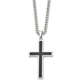 Stainless Steel Polished Cross With Carbon Fiber Inlay Necklace - 24"
