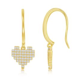 Sterling Silver CZ Pixel Heart Dangle Earrings - Gold Plated