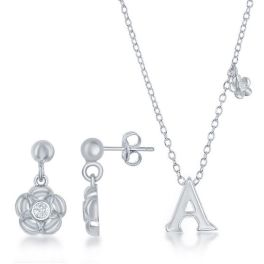 Kids Sterling Silver Shiny Tiny Cubic Zirconia Flower Necklace & Earrings Set