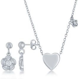 Kids Sterling Silver Shiny Heart with Tiny Cubic Zirconia Flower Necklace & Earrings Set 