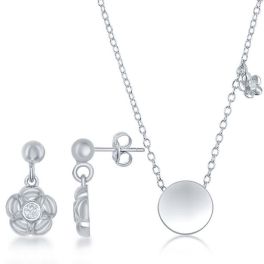 Kids Sterling Silver Shiny Circle with Tiny Cubic Zirconia Flower Necklace & Earrings Set
