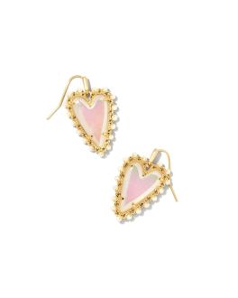 Kendra Scott Beaded Ansley Heart Gold Drop Earrings In Iridescent Frosted Glass