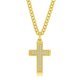 Mens Stainless Steel Gold Plated Polished Cross Necklace - 24"