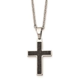 Stainless Steel Polished and Textured Black IP-Plated Cross Necklace - 24"