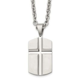 Stainless Steel Brushed And Polished Carved Cross Dog Tag Necklace 